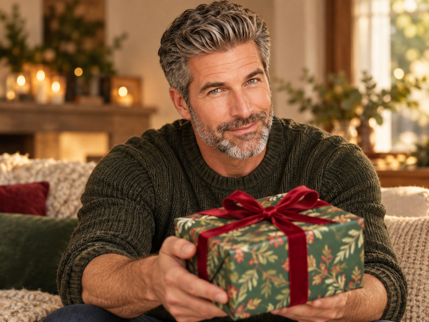 Luke presenting a neatly wrapped gift with a playful grin