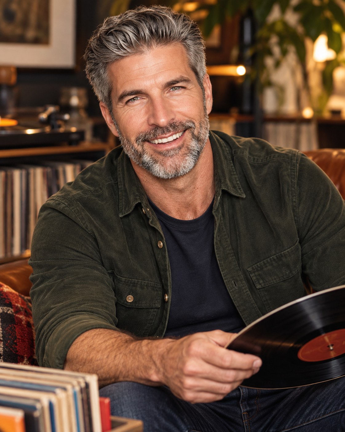 Luke Ryan laughing in a colourful record lounge